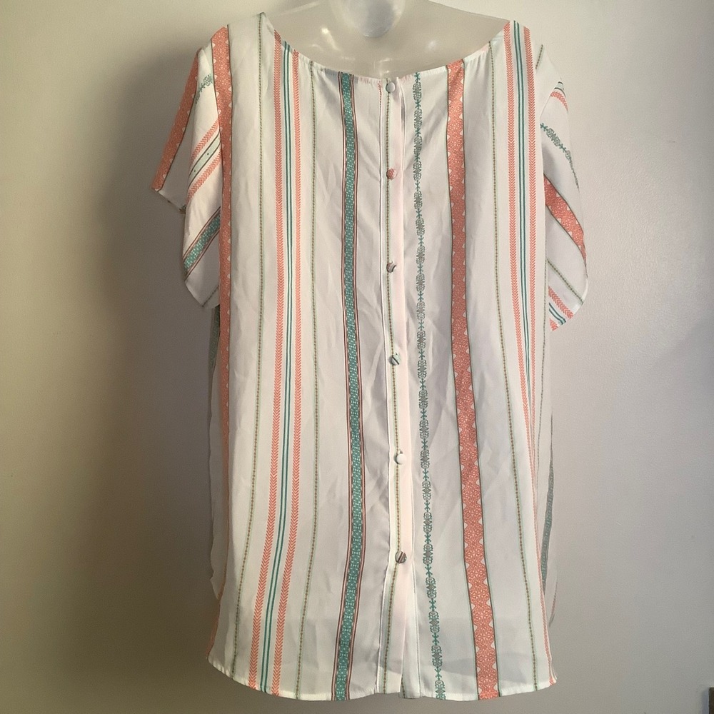 Torrid Womens Size 3 Coral Teal Striped Button Back Short Sleeve Blouse Top - Picture 8 of 16